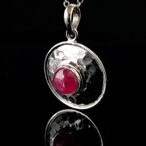 Red Stone Center Sterling Silver Hammered Textured Pendant, Estate